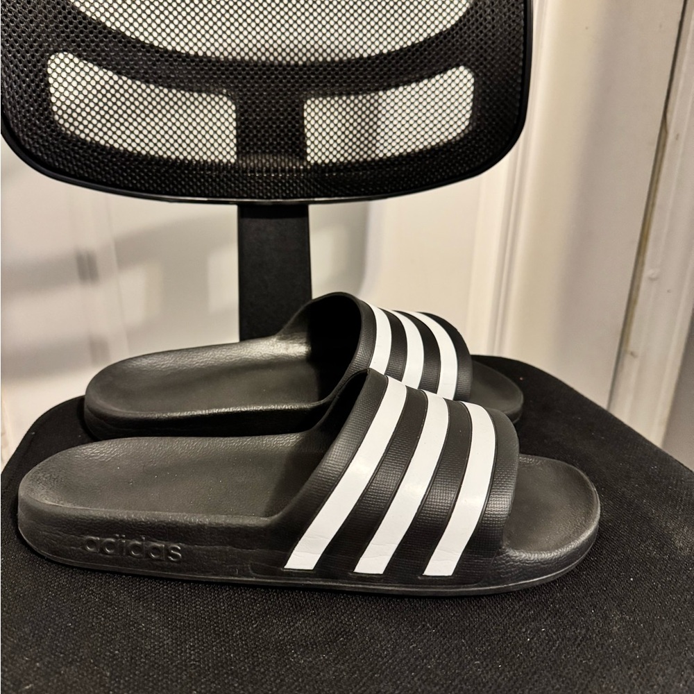Adidas Black Slides with White Stripes